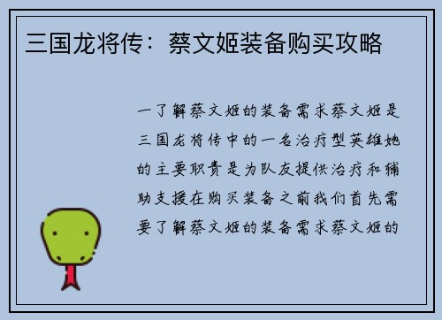 三国龙将传：蔡文姬装备购买攻略